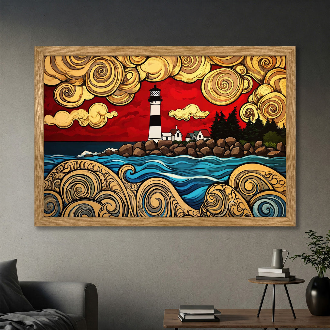 Framed Poster featuring a lighthouse and ocean scene in a vibrant, stylized art style with a red, gold, and blue color palette.