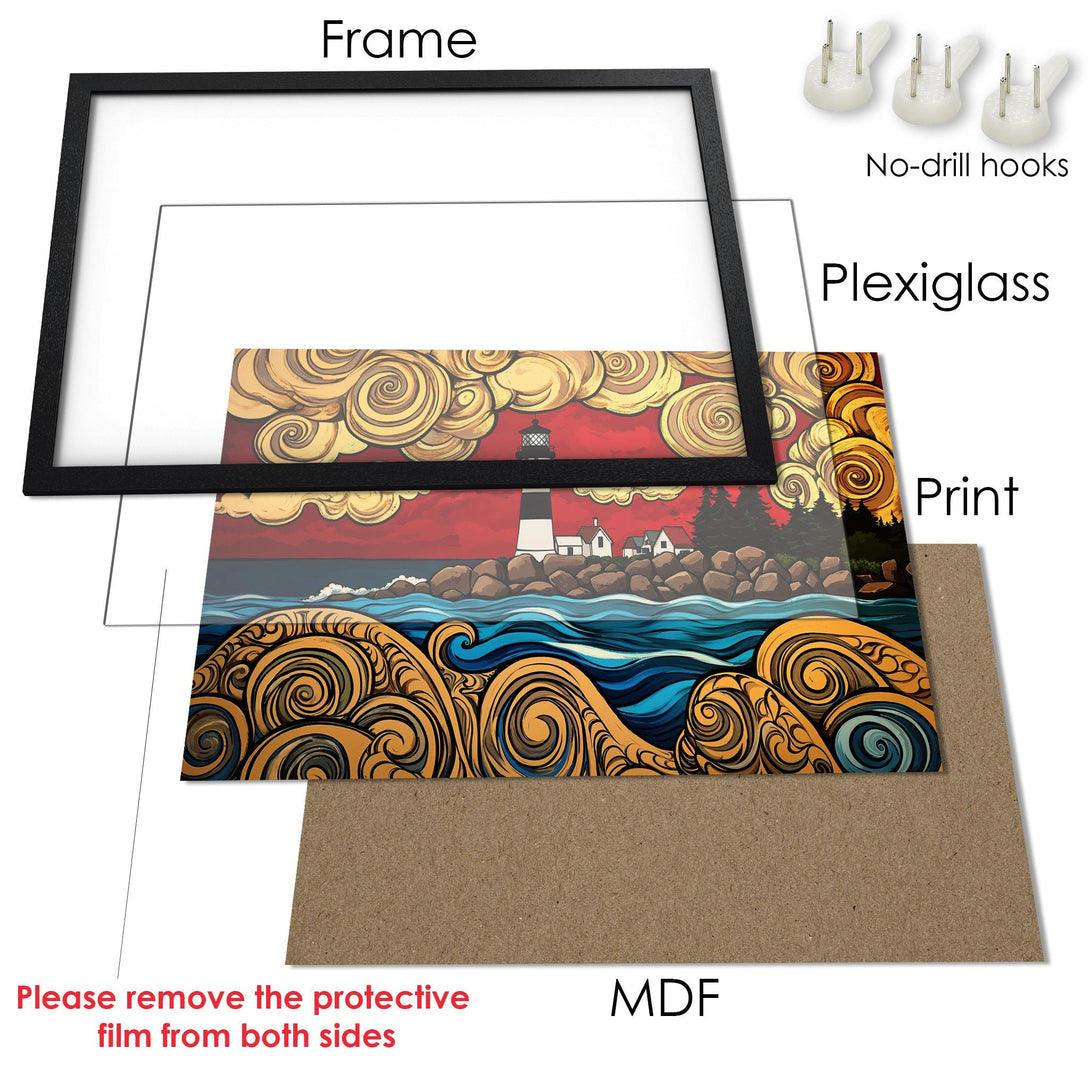 Framed Poster featuring a lighthouse scene in a vibrant, stylized design with a warm, earthy color palette. Perfect wall art!