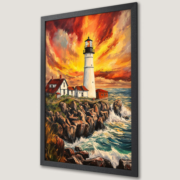 Framed Poster of a lighthouse at sunset. Dramatic, painterly style with warm orange, red, and blue hues. Coastal art print.