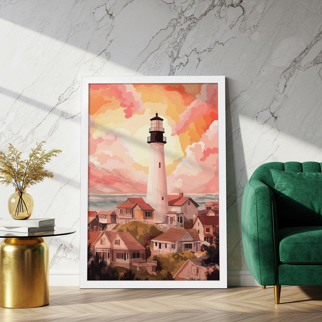 Framed Poster featuring a lighthouse landscape in a warm, painterly style with a sunset color palette. Perfect wall art for any home!