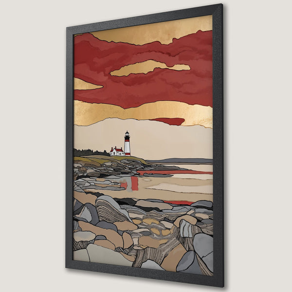 Framed Poster featuring a lighthouse landscape in an abstract style. Earthy tones with red sky and gold accents. Perfect wall art!
