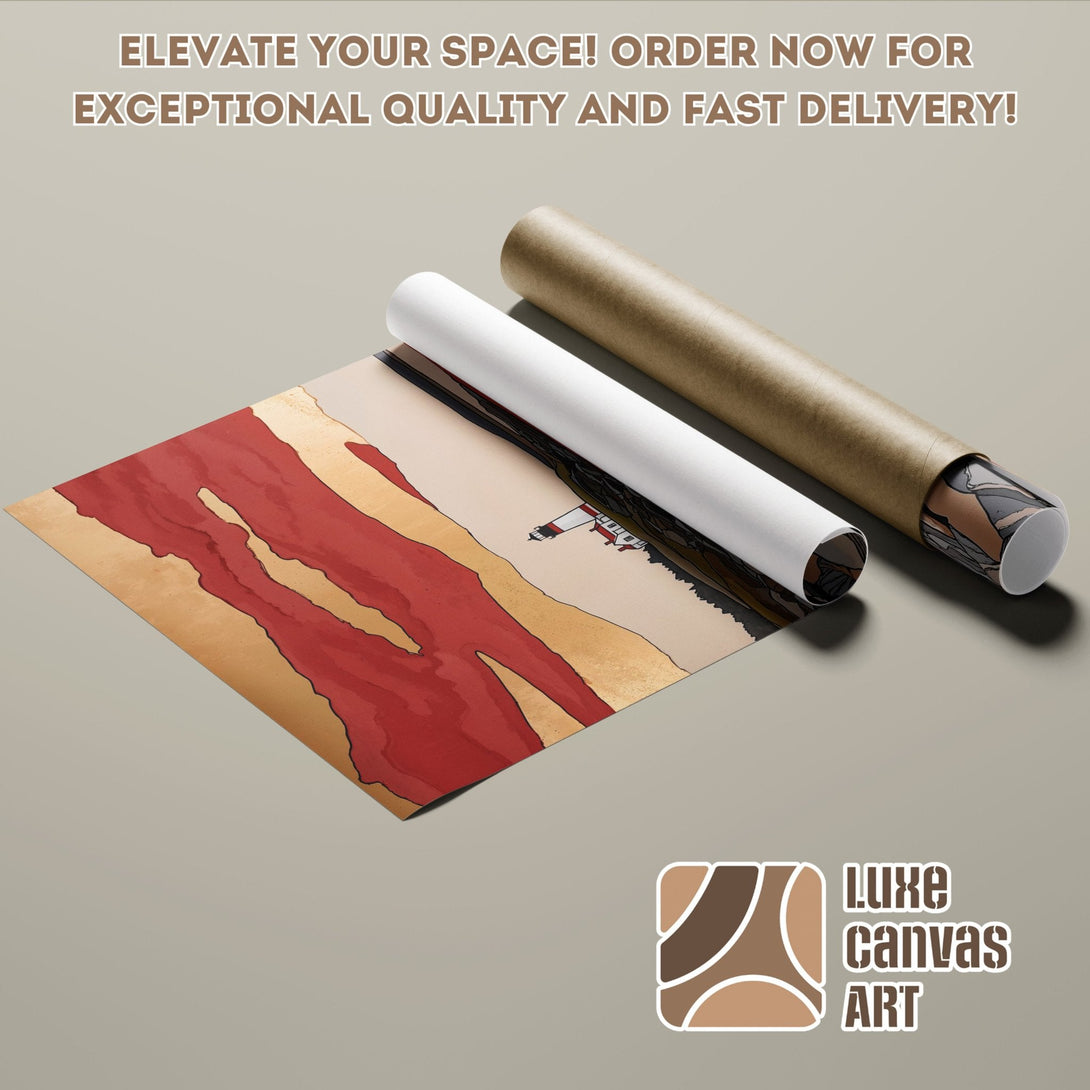 Abstract art poster roll with red and gold tones. Elevate your space with Luxe Canvas Art!