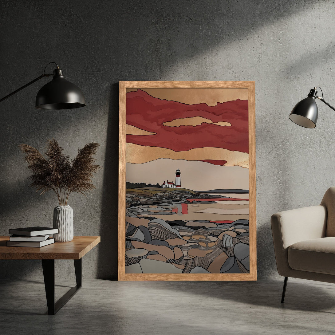 Framed Poster: Coastal landscape art print with lighthouse. Modern style, warm red & neutral color palette. Add a touch of art to your home!
