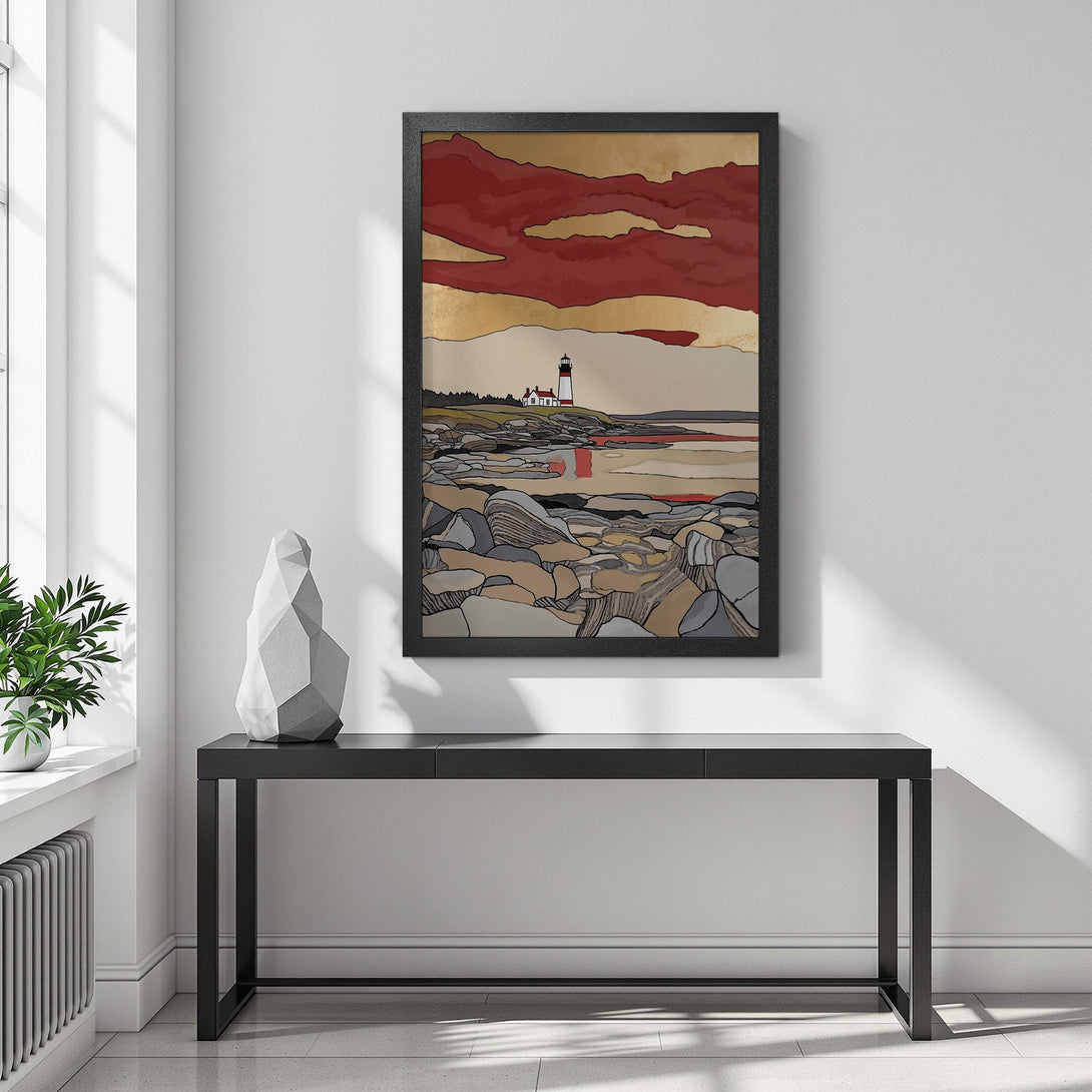 Framed Poster featuring a lighthouse landscape in a modern style with red, gold, and neutral tones. Perfect wall art!