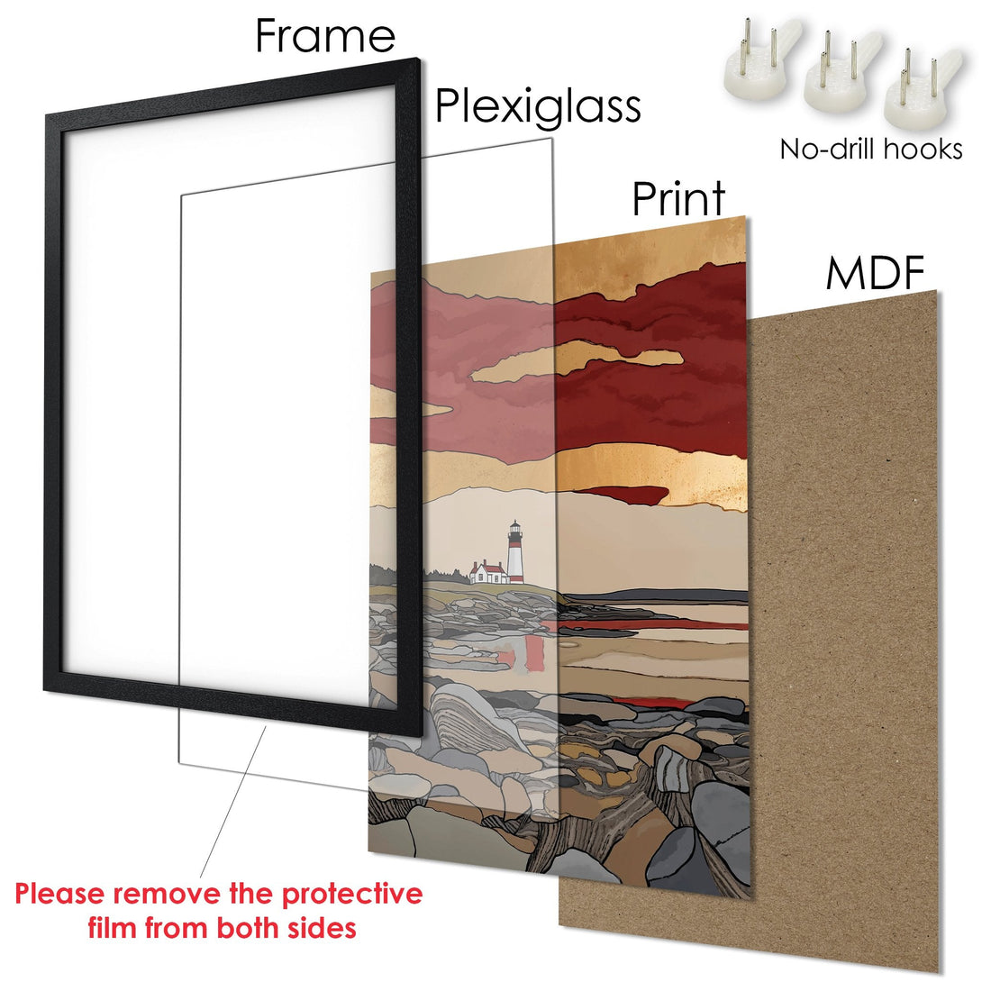 Framed Poster featuring a lighthouse landscape in warm, earthy tones. Add art to your walls!