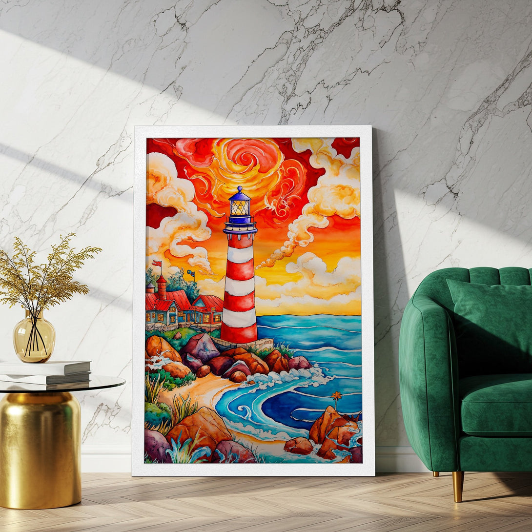 Framed Poster of a lighthouse on a beach. Watercolor style art with a warm, sunset color palette. Perfect coastal decor!