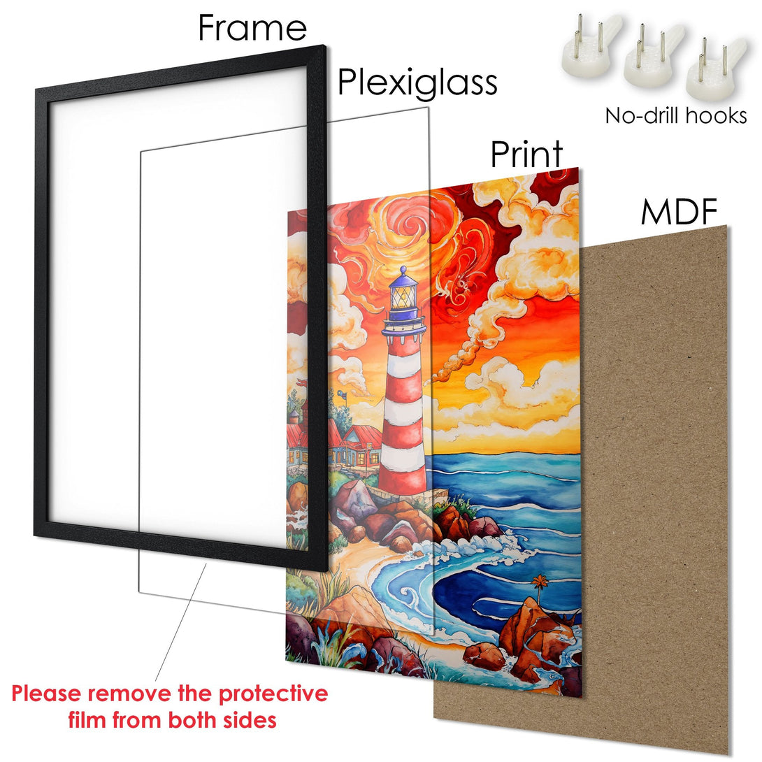 Framed Poster of a vibrant lighthouse painting with a warm color palette. Ready to hang, art for your home.
