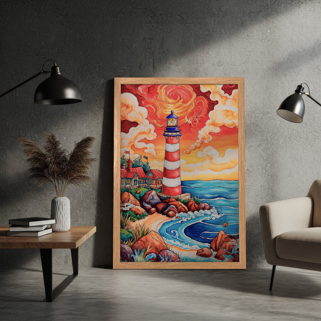 Framed Poster of a lighthouse on a vibrant beach, watercolor style with warm red, orange, and blue hues. Perfect coastal wall art!