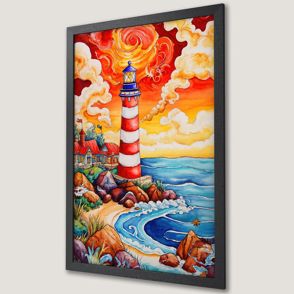 Framed Poster featuring a vibrant lighthouse scene in watercolor style with a warm red and orange color palette.