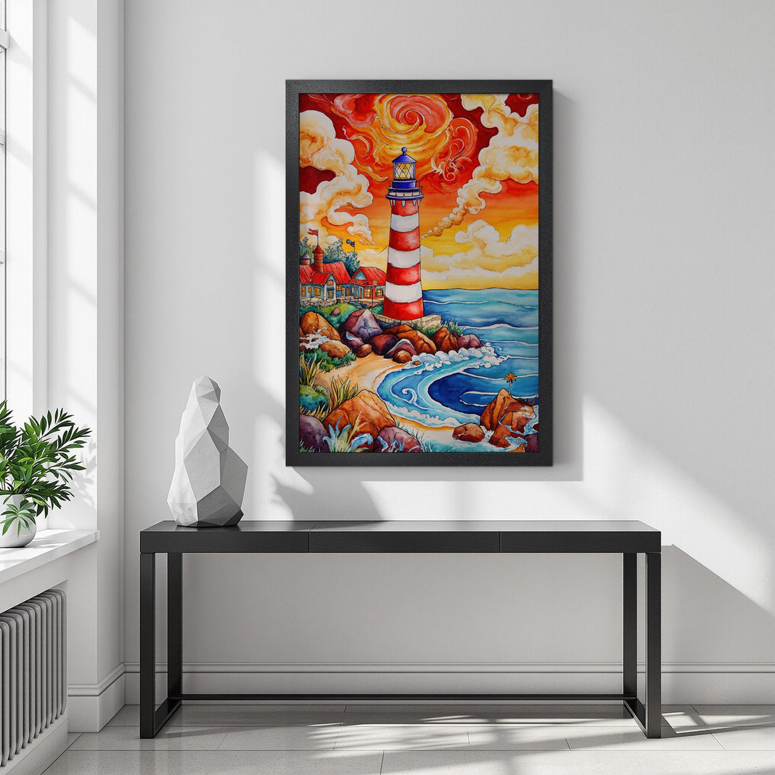 Framed Poster featuring a watercolor lighthouse scene in vibrant red, orange, and blue hues. Coastal art for your home!