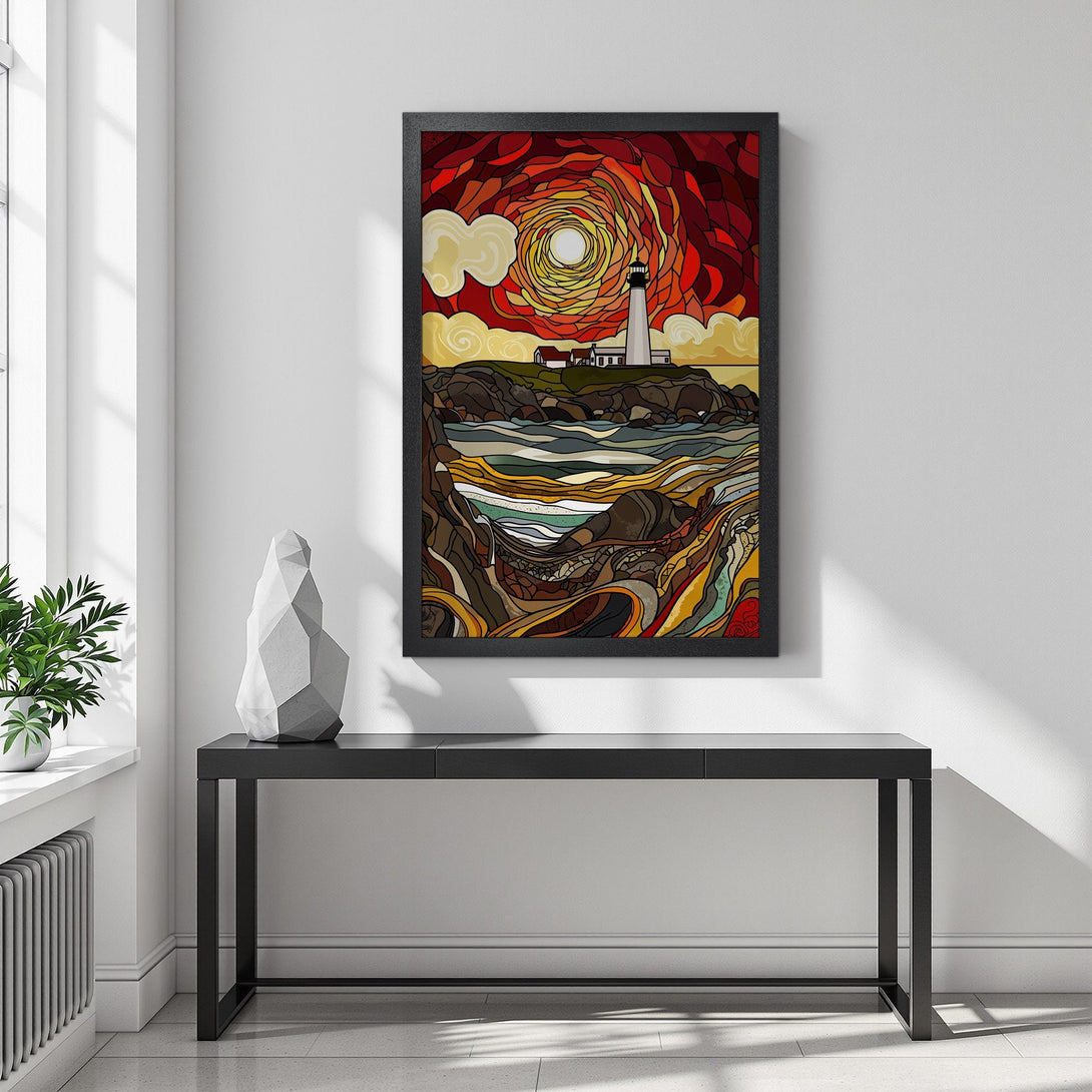 Framed Poster featuring a lighthouse in a stained-glass style with warm red and orange hues. Add coastal charm to your home!