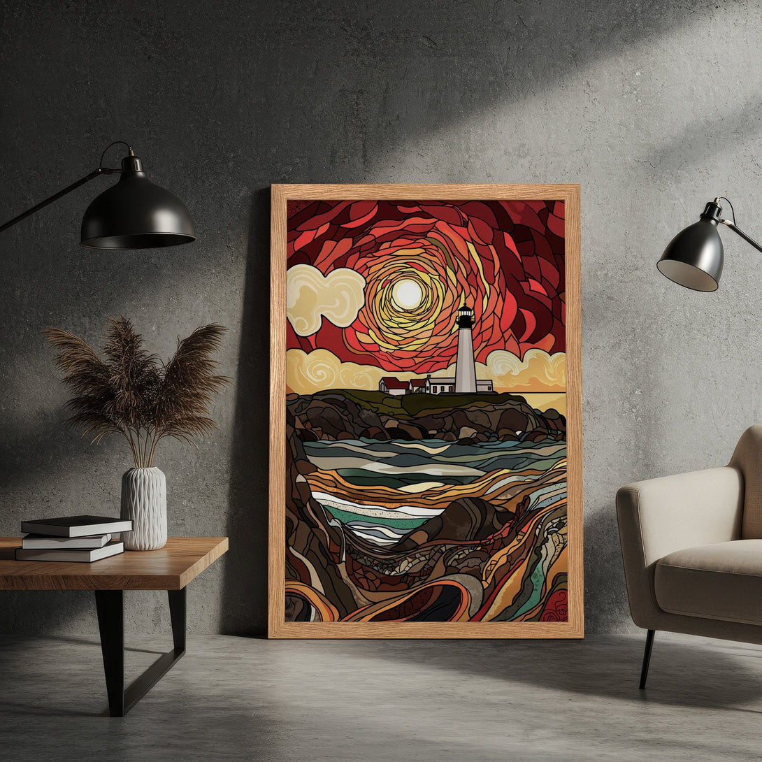 Framed Poster featuring a lighthouse landscape in stained glass style, with a warm red and orange color palette. Perfect wall art!