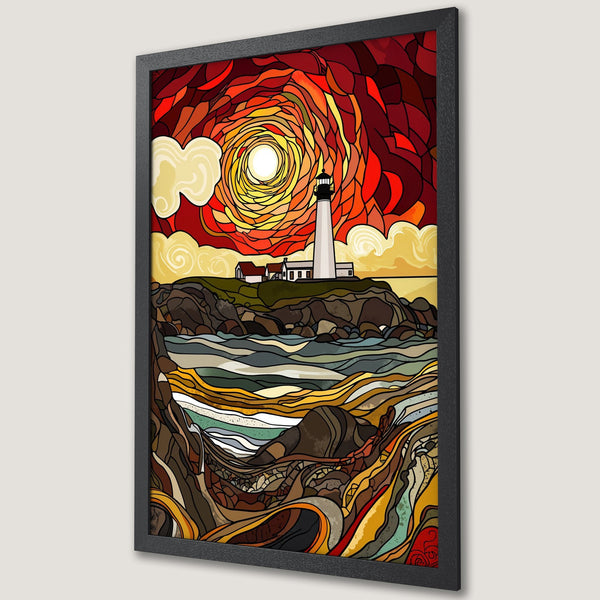 Framed Poster of a lighthouse at sunset. Artistic stained-glass style with warm red, orange, and yellow tones. Add coastal charm to your space!
