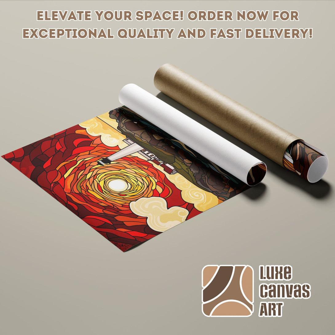Abstract art poster roll with warm red and orange tones. Perfect for any space!
