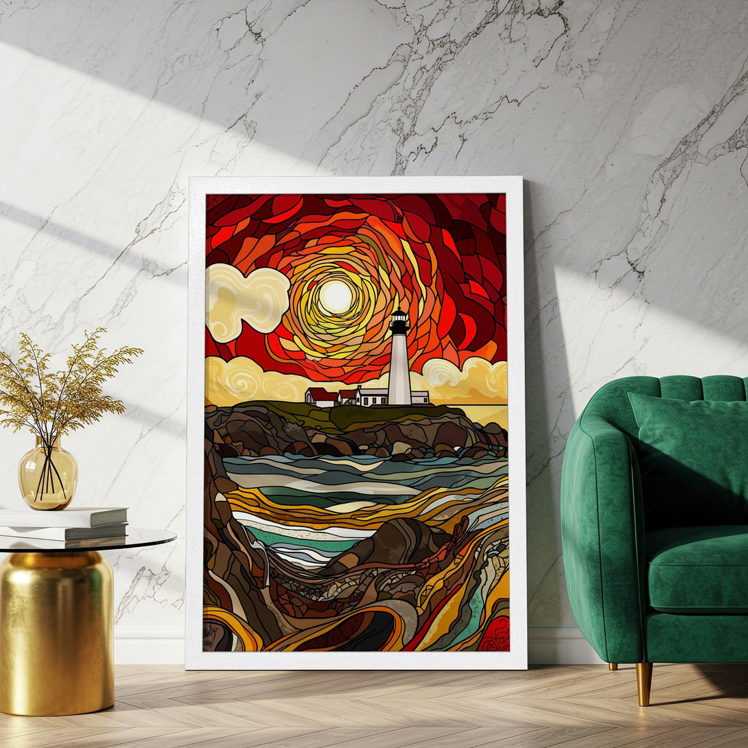 Framed Poster featuring a lighthouse in stained glass style, warm red/orange sunset color palette. Perfect wall art for your home!