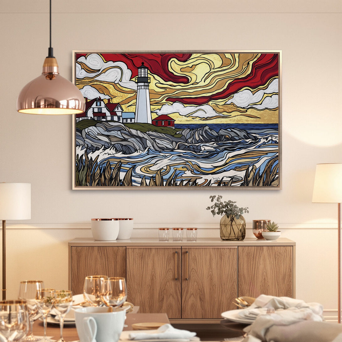 Framed Wall Art: Lighthouse canvas print with vibrant red, yellow, and blue hues. Coastal art in a modern interior.