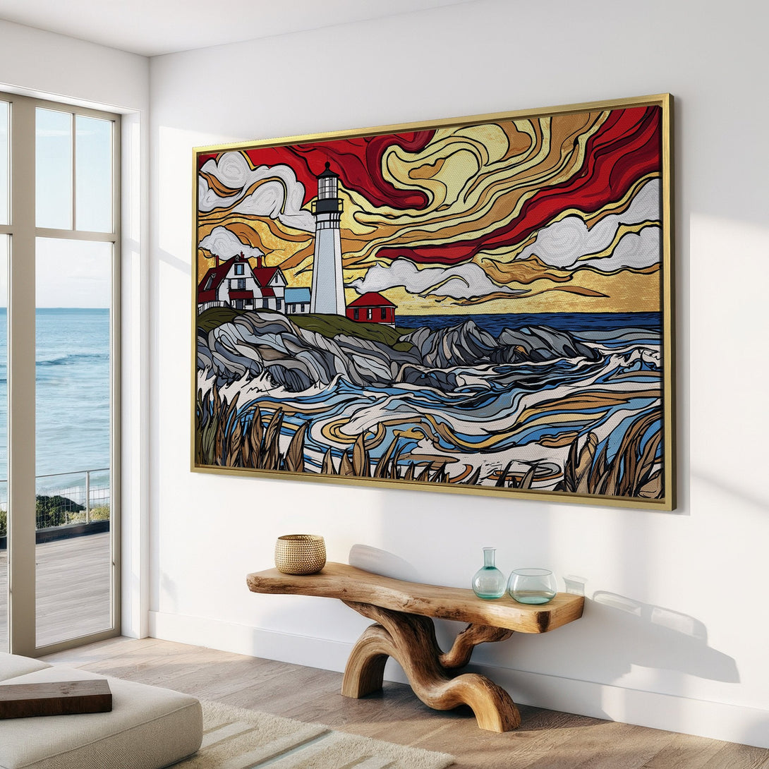 Canvas Print of a lighthouse landscape in a modern, colorful style. Features a red, yellow, and blue color palette, perfect for coastal decor.
