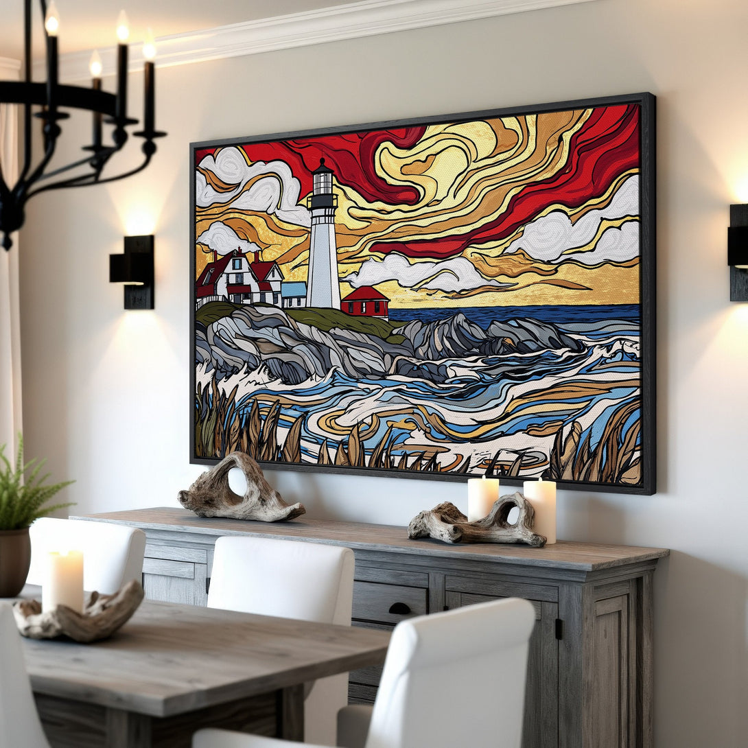 Framed Wall Art: Lighthouse Canvas Print in warm red, yellow, and blue tones. Abstract coastal art adds a pop of color & style to any room. Shop now!