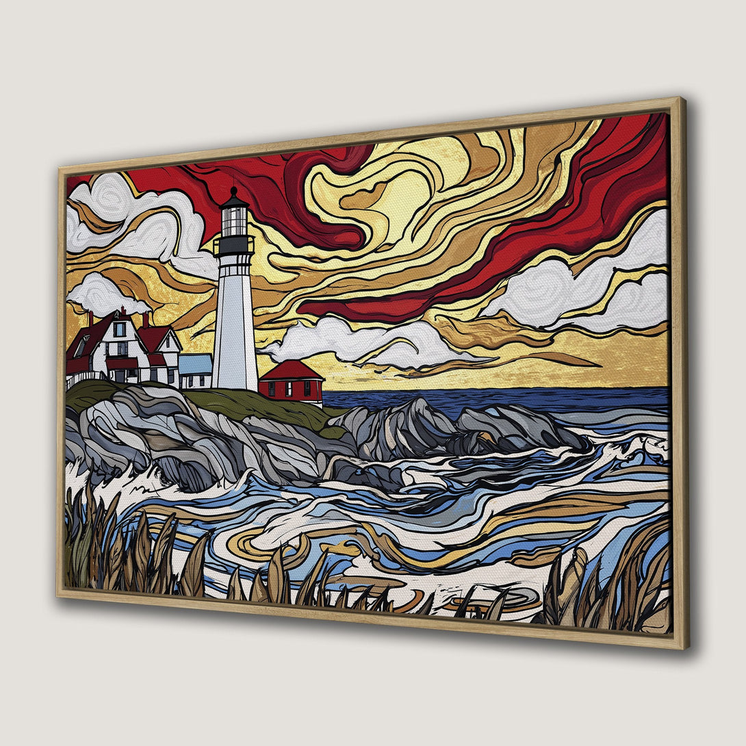 Framed Wall Art: Lighthouse canvas print with vibrant sunset colors. Coastal art in a bold, graphic style. Perfect for adding a pop of color to any space.
