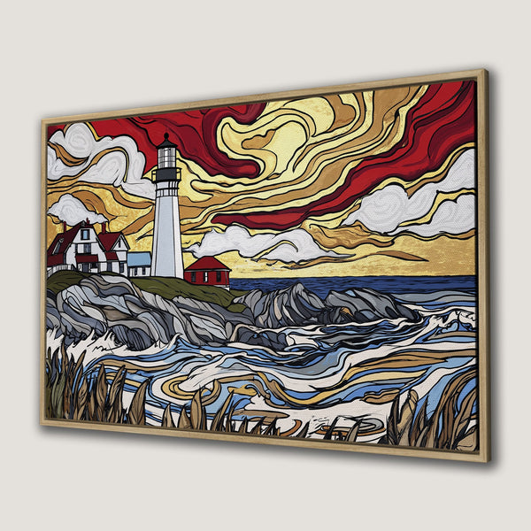 Framed Wall Art: Lighthouse canvas print with vibrant sunset colors. Coastal art in a bold, graphic style. Perfect for adding a pop of color to any space.