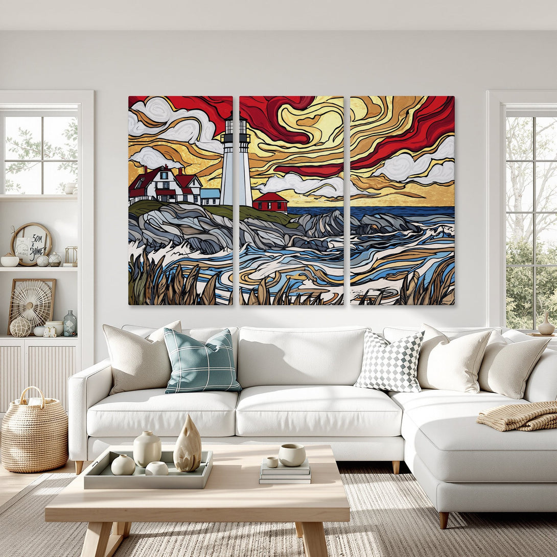 Canvas Print of a lighthouse landscape in a vibrant, abstract style with red, yellow, and blue hues. Perfect wall art for any room!