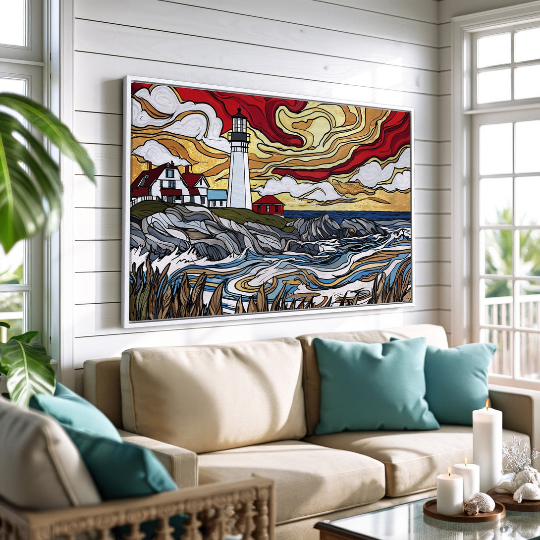 Framed Wall Art: Lighthouse Canvas Print in coastal style with vibrant red, yellow, and blue hues. Perfect for adding a pop of color to your living room!