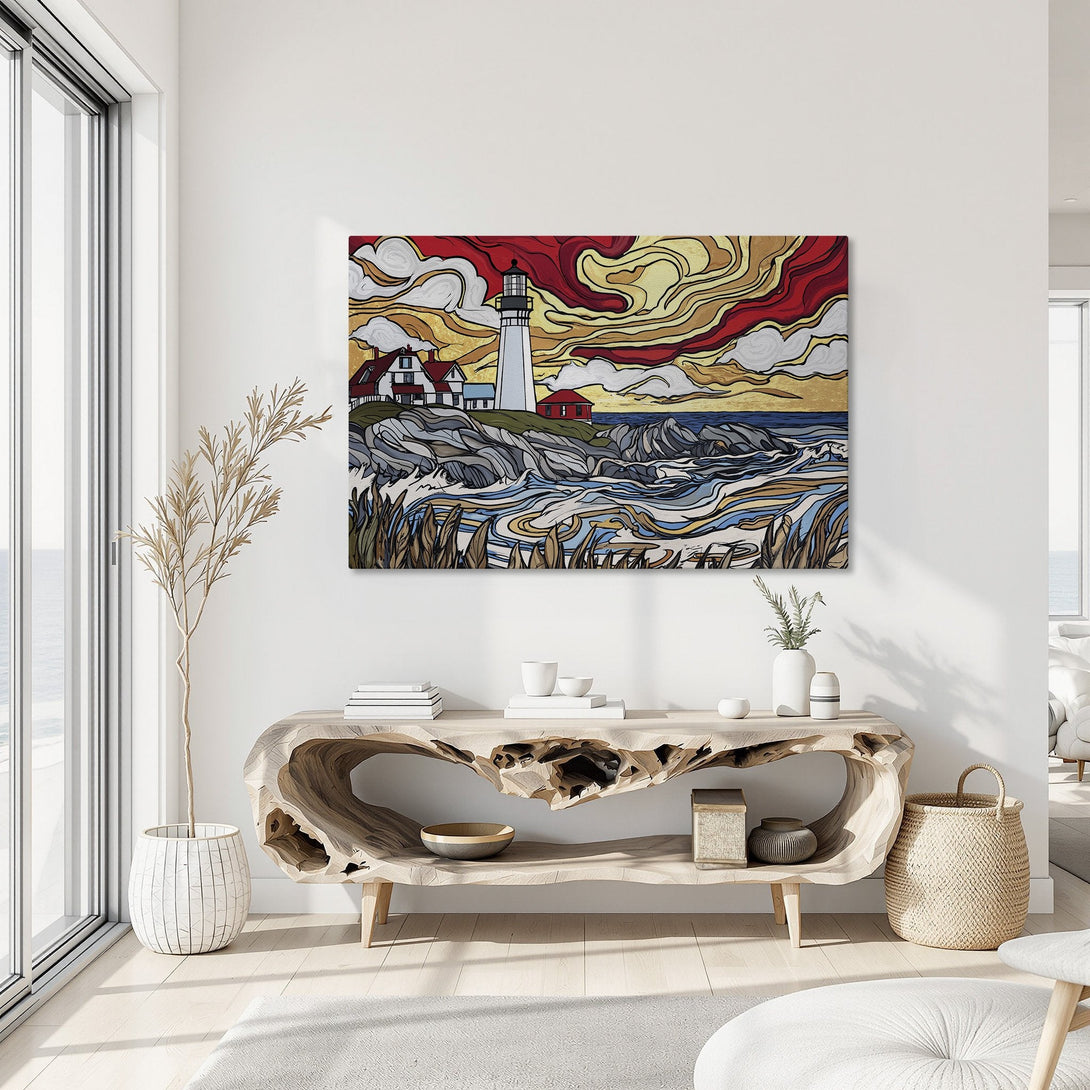 Framed Wall Art featuring a lighthouse landscape in a vibrant, abstract style. Warm red, yellow, and blue hues create a stunning coastal scene. Elevate your home decor!