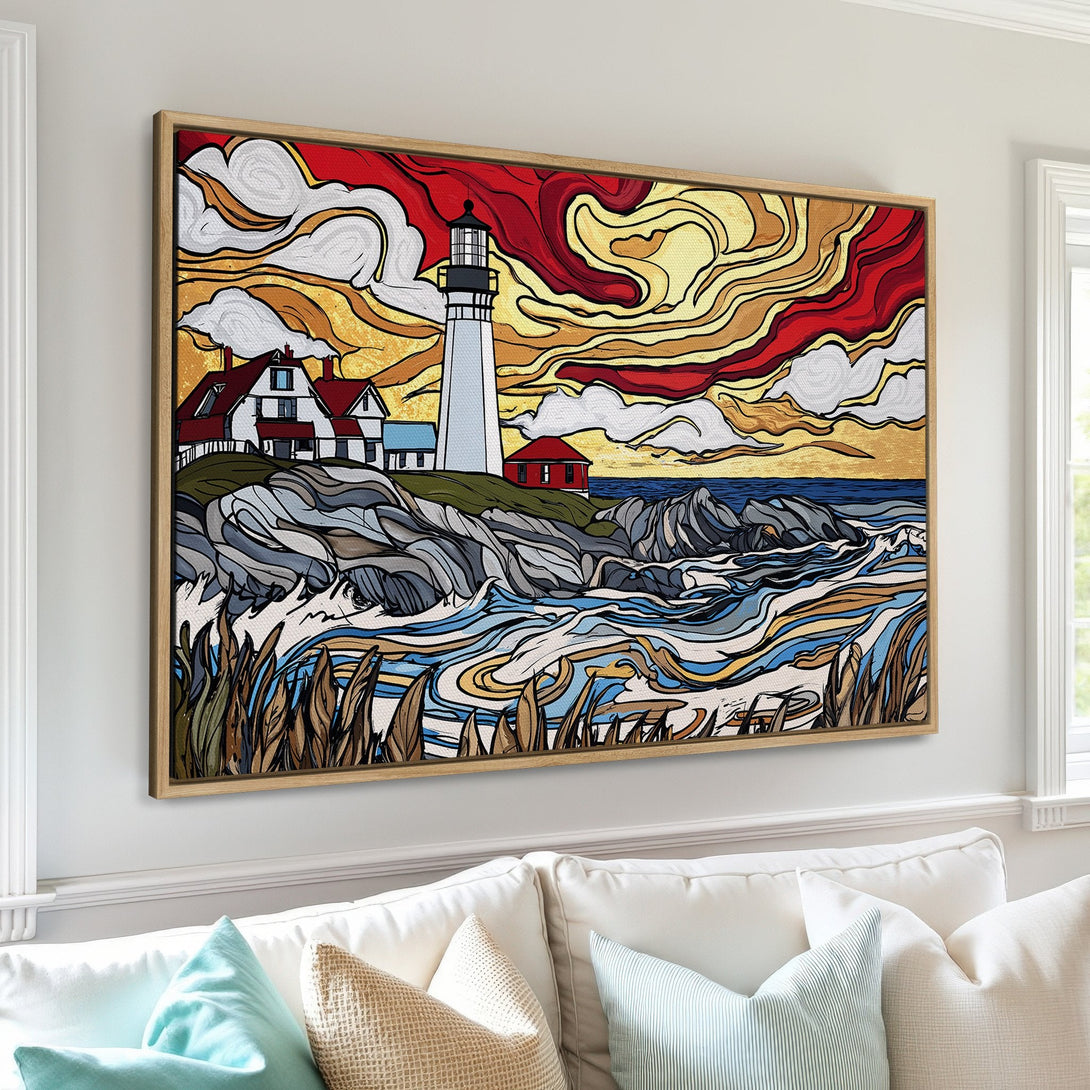 Framed Wall Art of a lighthouse scene in a vibrant, abstract style. Featuring red, yellow, and blue hues. Perfect coastal decor for your home.