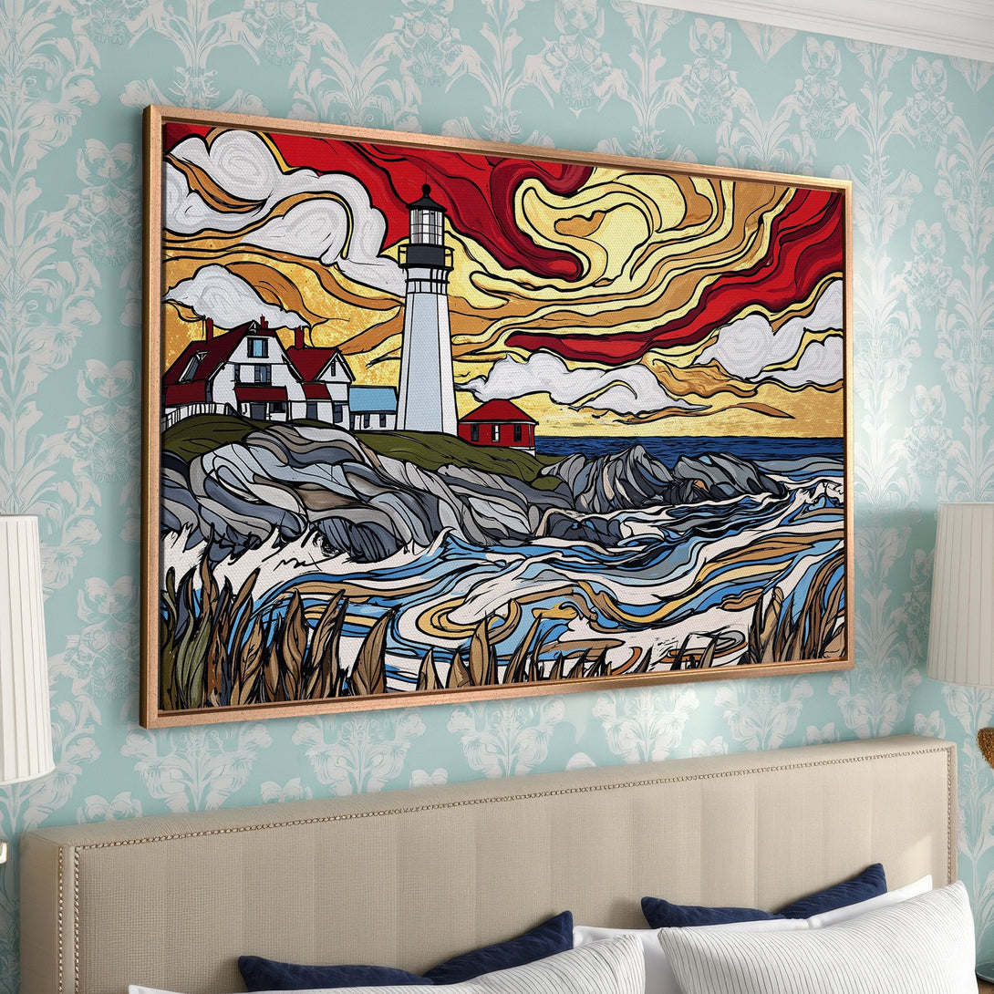 Framed Wall Art: Lighthouse art print in vibrant red, yellow, and blue. Coastal style canvas print adds a pop of color to any room.