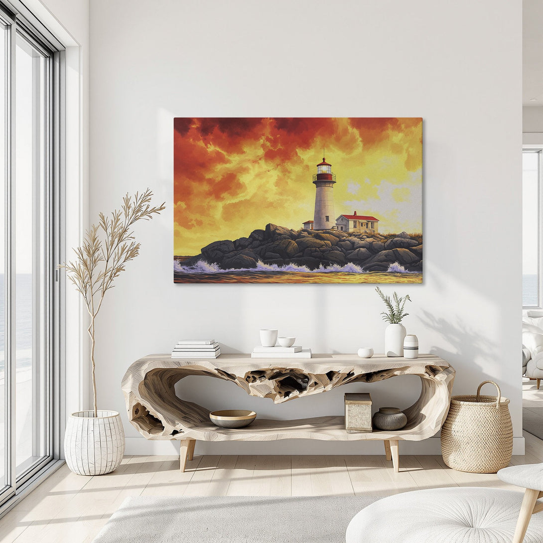 Framed Wall Art: Lighthouse canvas print with vibrant sunset colors. Coastal art for your home. Warm orange and yellow palette, perfect for living room decor.