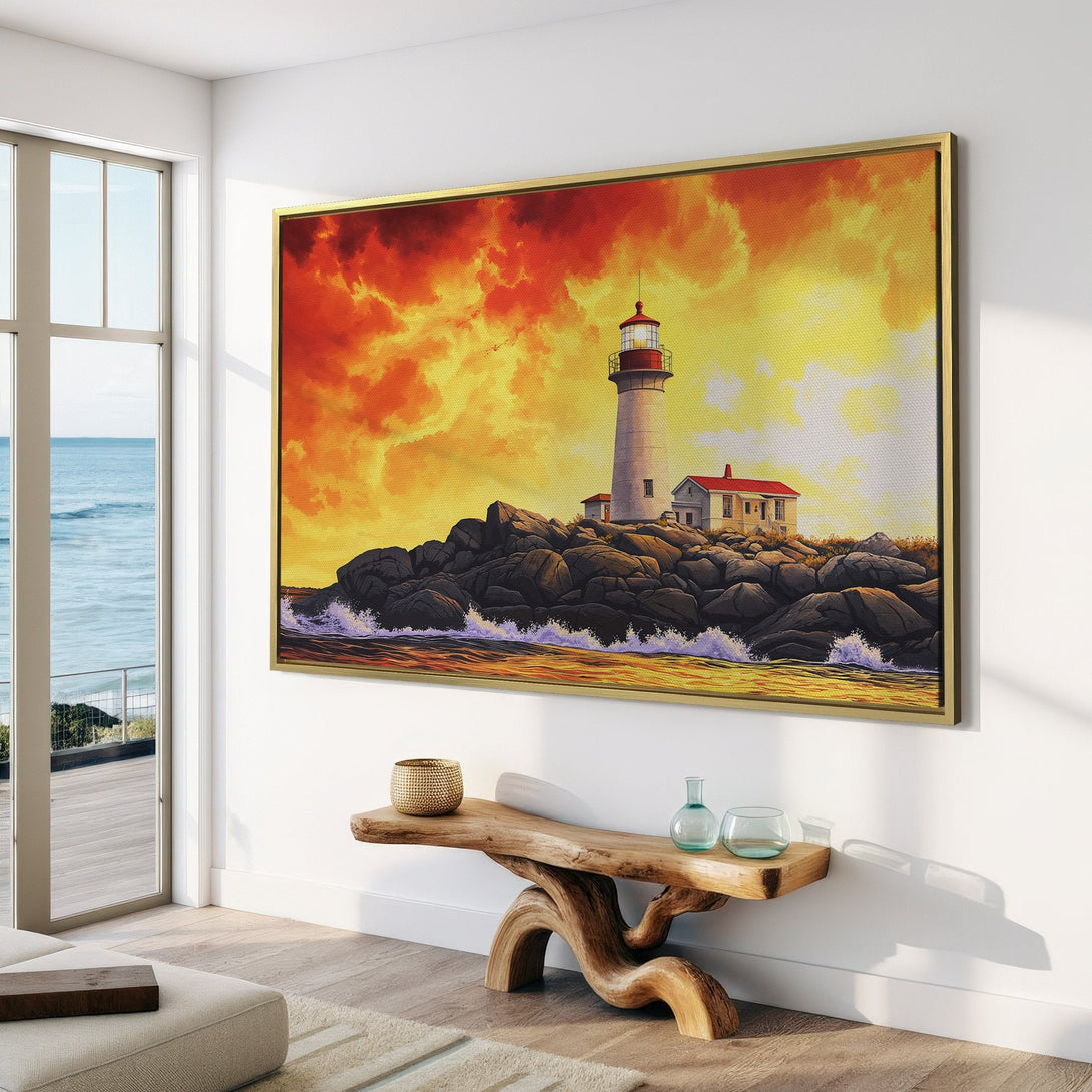 Canvas Print of a lighthouse painting with a vibrant orange and yellow sunset. Coastal wall art for a warm, inviting interior.