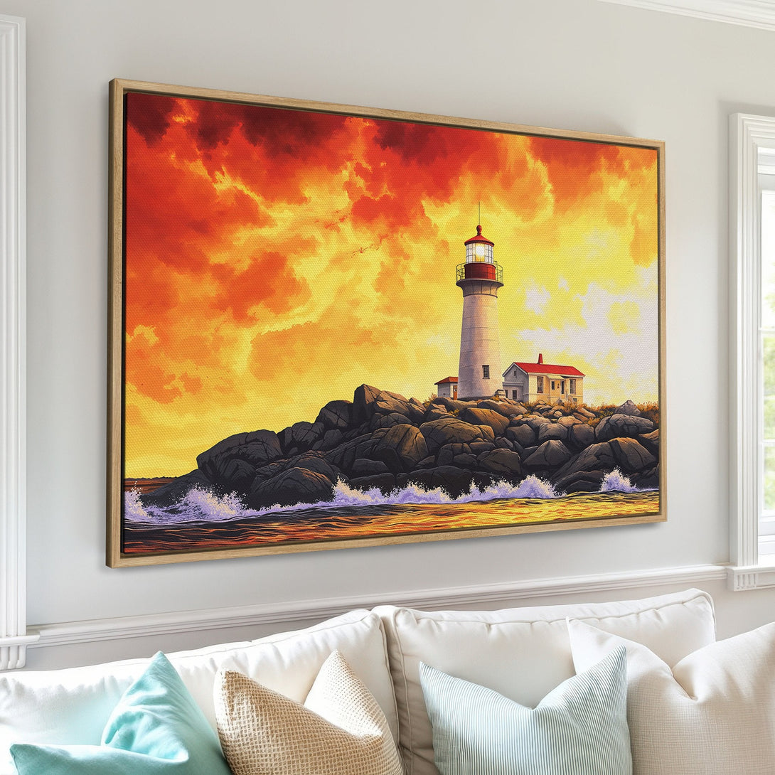 Framed Wall Art of a lighthouse at sunset. Vivid orange and yellow sky, dramatic style. Coastal decor for your home.