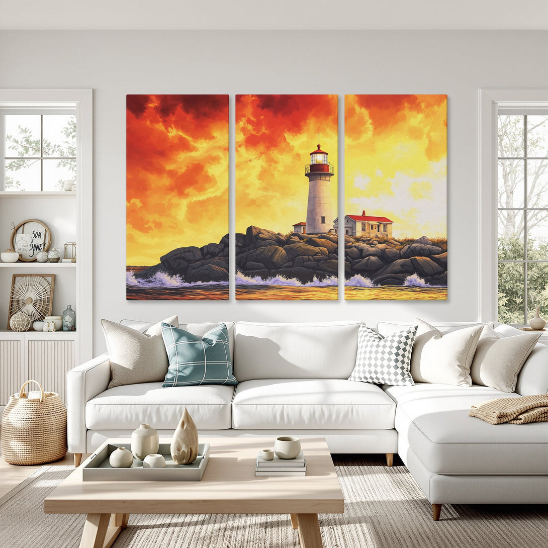 Canvas Print of a lighthouse at sunset. Vibrant orange and yellow sky over the ocean. Coastal wall art for a warm, inviting living room.