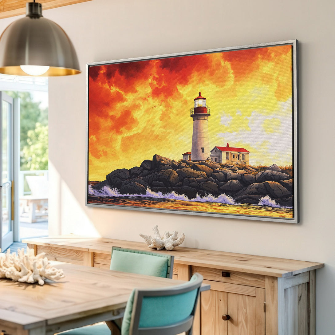 Framed Wall Art: Lighthouse painting with warm sunset colors. Coastal art canvas print adds a vibrant touch to any home decor.