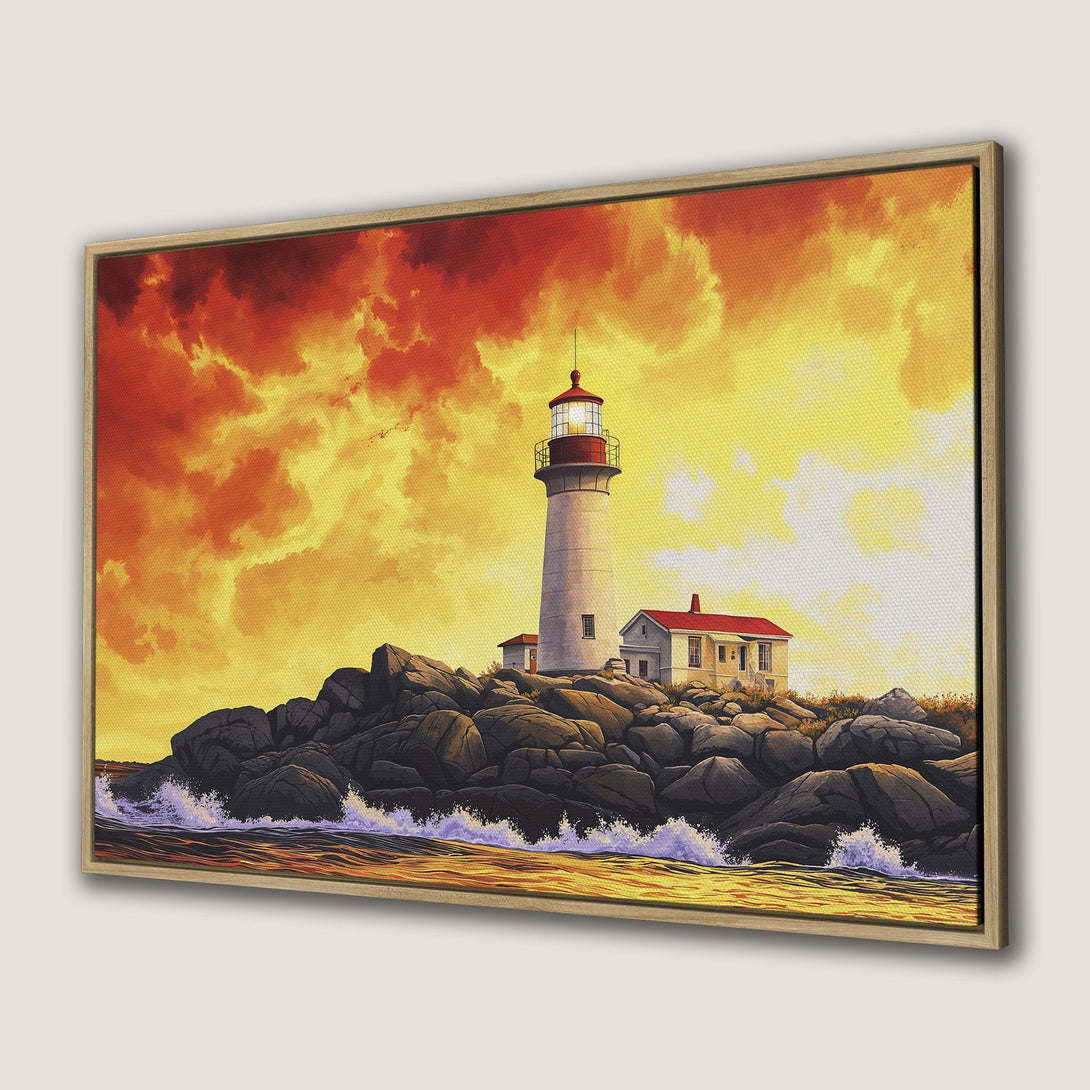 Framed Wall Art: Lighthouse canvas print with a dramatic sunset. Coastal art in warm yellow, orange, and red tones. Perfect for adding a touch of serenity.