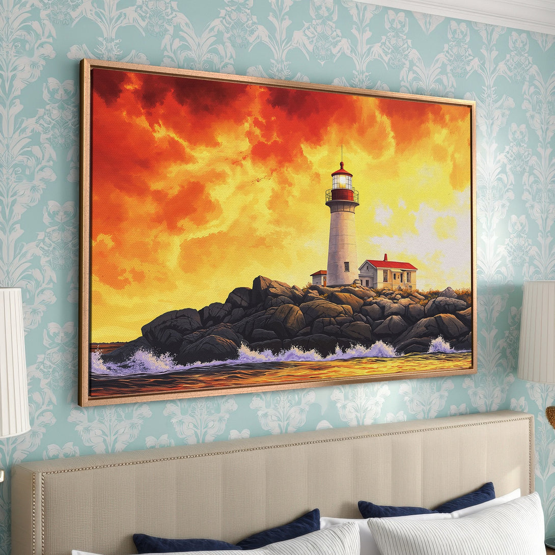 Framed Wall Art: Lighthouse at sunset canvas print. Coastal landscape art with warm orange and yellow hues. Perfect for bedroom decor.