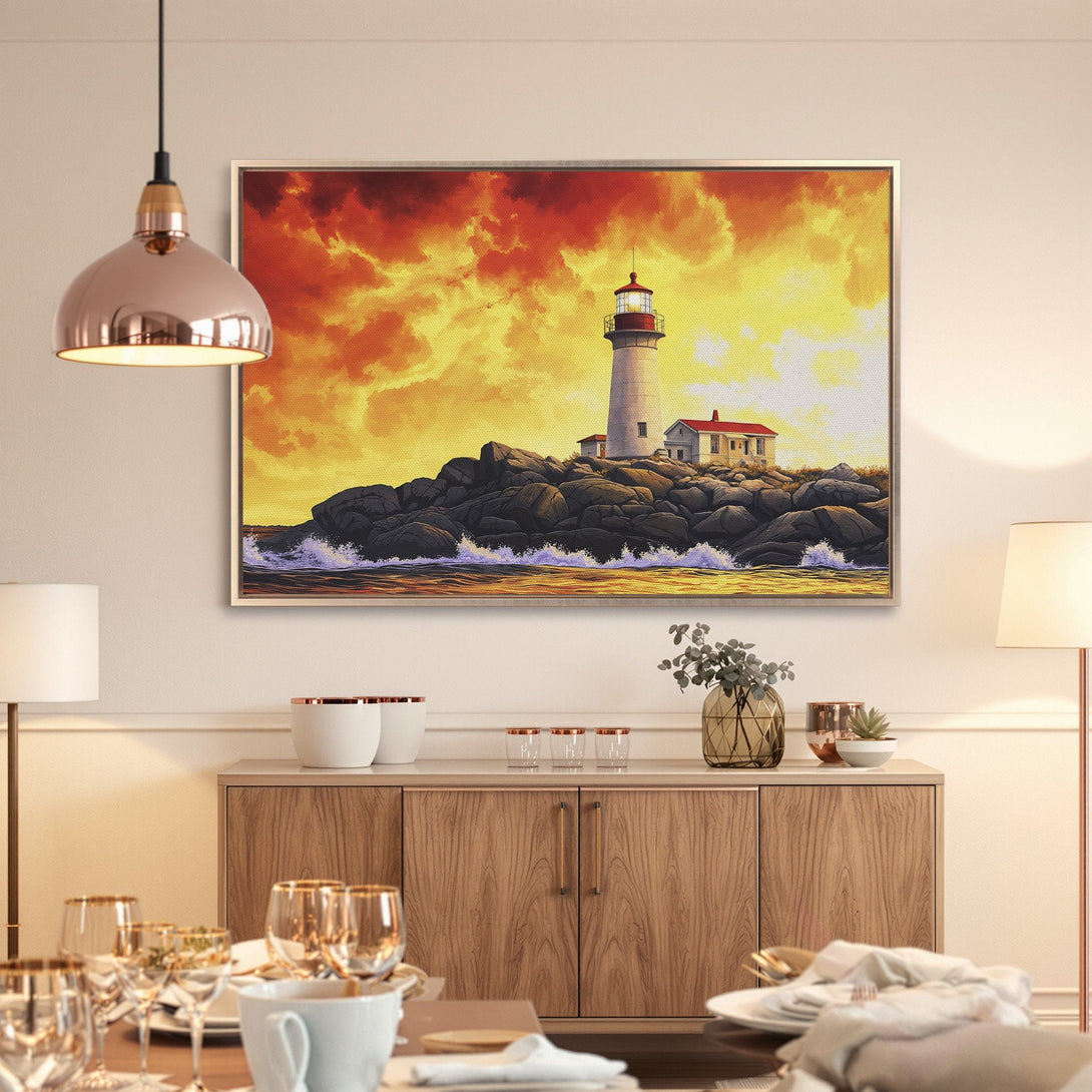 Framed Wall Art: Lighthouse painting with warm sunset hues. Coastal art in orange, yellow, and white. Perfect for living room or dining room decor.
