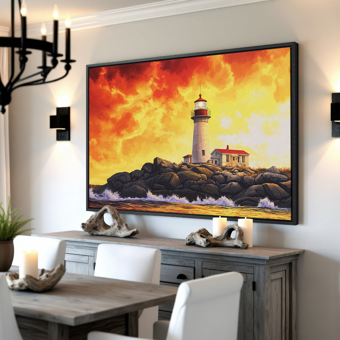Framed Wall Art featuring a lighthouse painting with a fiery sky. Warm orange and yellow hues create a dramatic coastal scene. Perfect for adding art to your home!