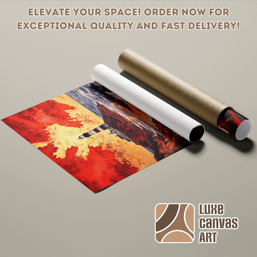 Lighthouse Poster Roll in warm red, yellow, and brown tones. Elevate your space with Luxe Canvas Art!