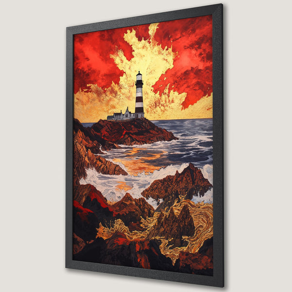 Framed Poster featuring a lighthouse on a rocky coast, artistic style with red, gold, and dark tones. Coastal wall art.