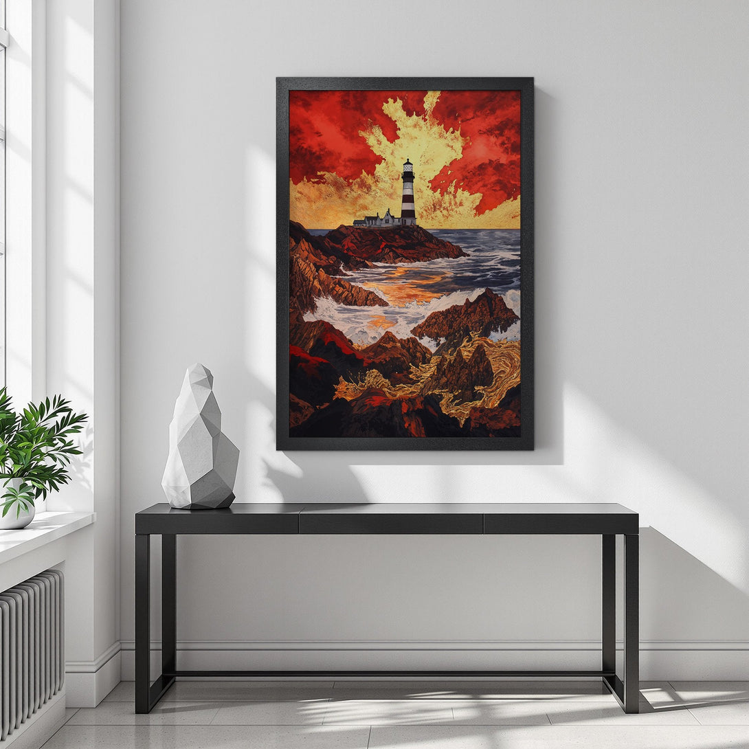 Framed Poster featuring a lighthouse on a rocky coast, with a vibrant red and gold sunset. Coastal art print for home decor.