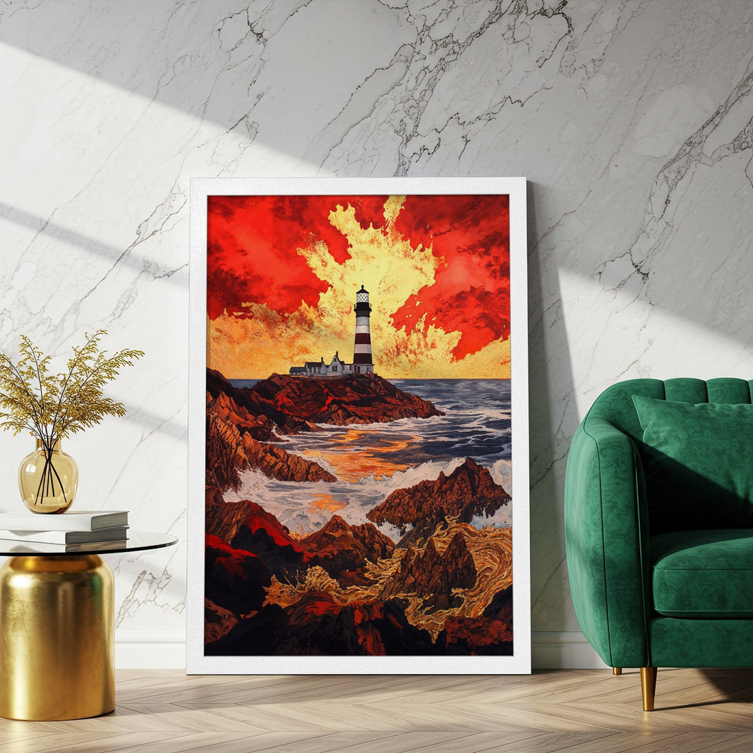 Framed Poster featuring a lighthouse on a rocky coast with a dramatic red and gold sky. Artistic style with a warm, vibrant color palette.