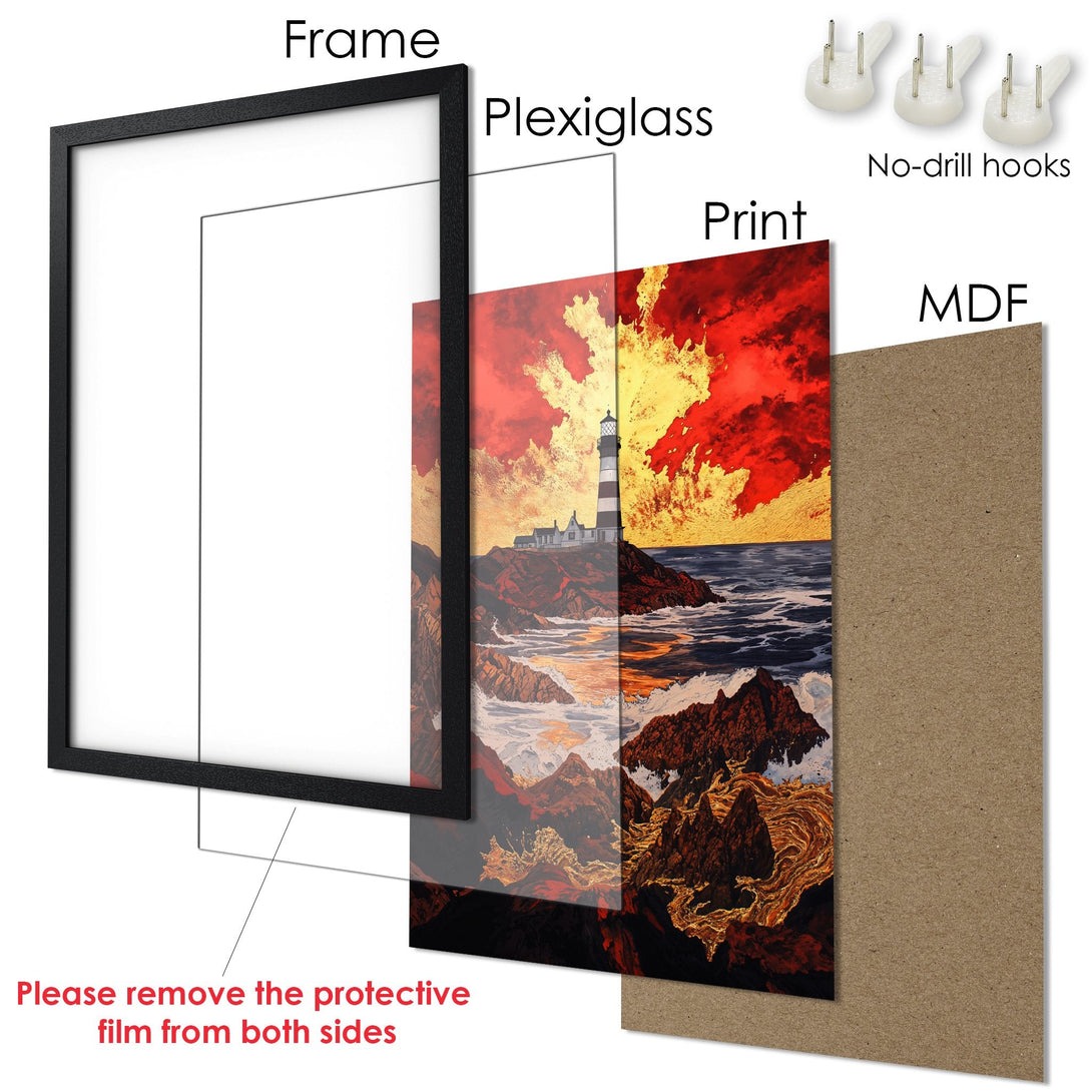 Framed Poster featuring a lighthouse landscape in a dramatic red and gold color palette. Enhance your space with this stunning art print!