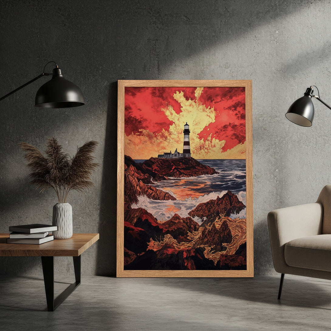 Framed Poster featuring a lighthouse on a rocky coast, vibrant red & gold sunset. Artistic style, perfect wall decor.