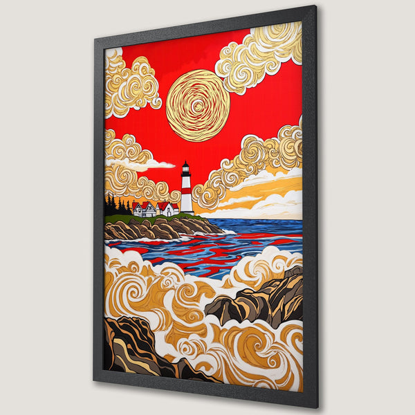 Framed Poster featuring a lighthouse landscape in a vibrant, stylized design with red, gold, and blue hues. Perfect wall art!