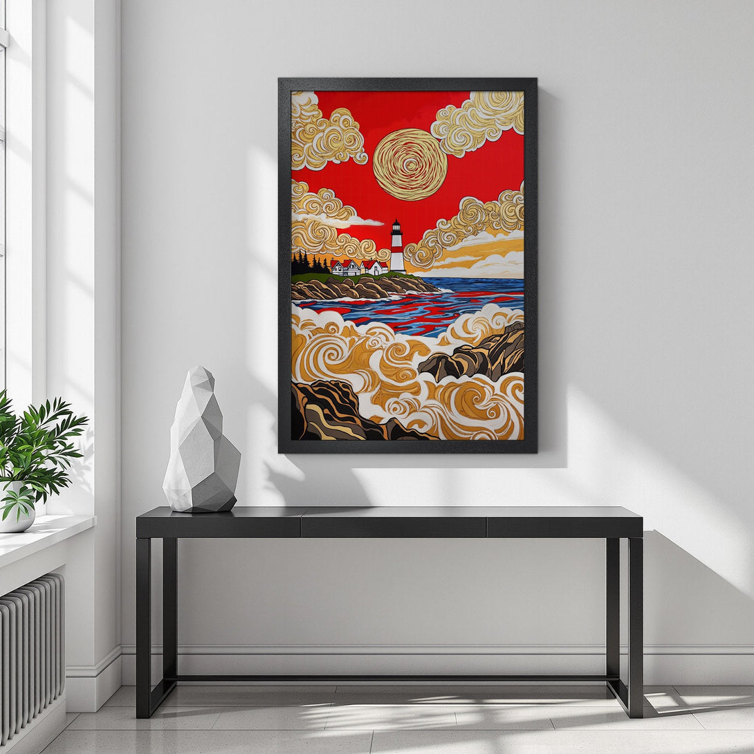 Framed Poster featuring a lighthouse landscape in vibrant red, gold, and blue hues. Add coastal charm to your space!