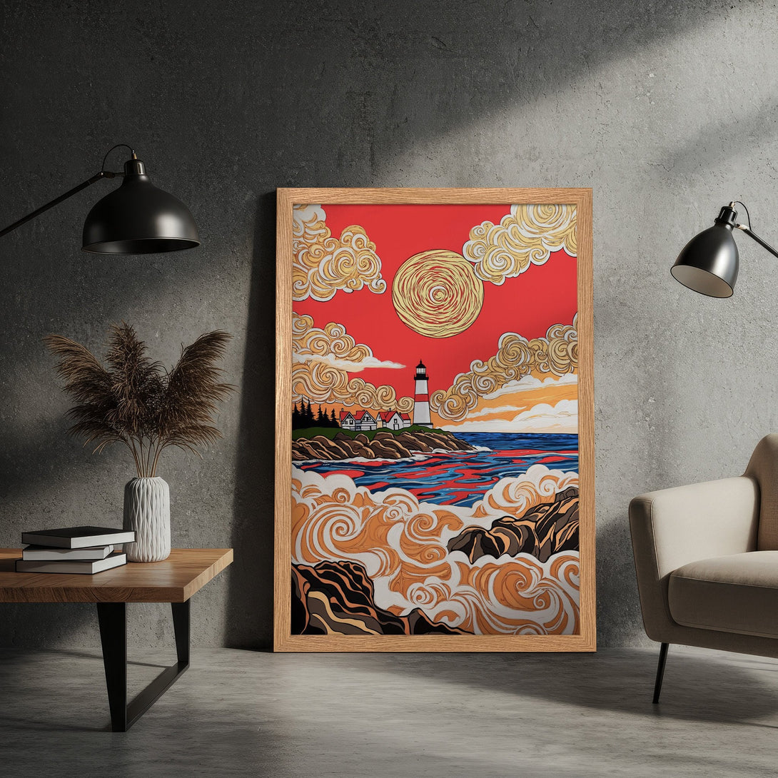 Framed Poster featuring a lighthouse scene in a vibrant, stylized design with red, gold, and blue hues. Perfect wall art!