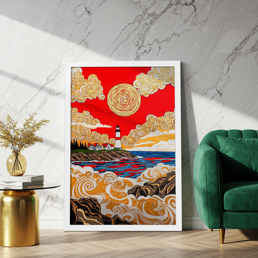 Framed Poster featuring a lighthouse scene, vibrant red, gold, and blue color palette, in a bold, illustrative style. Perfect wall art!