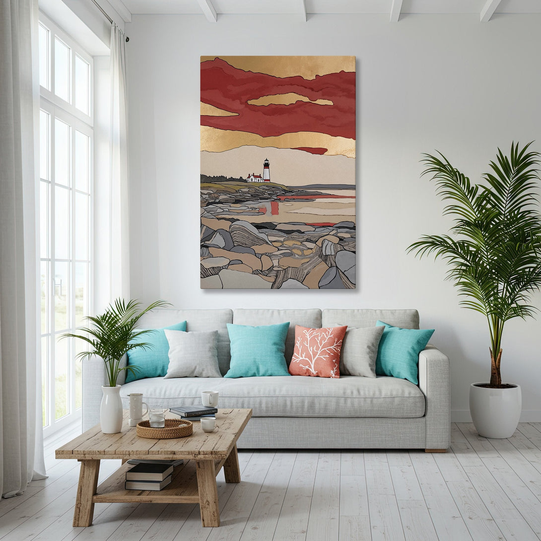 Framed Wall Art featuring a coastal landscape in a modern living room. Artwork with red, gold, and gray tones. Enhance your home decor with this Canvas Print.