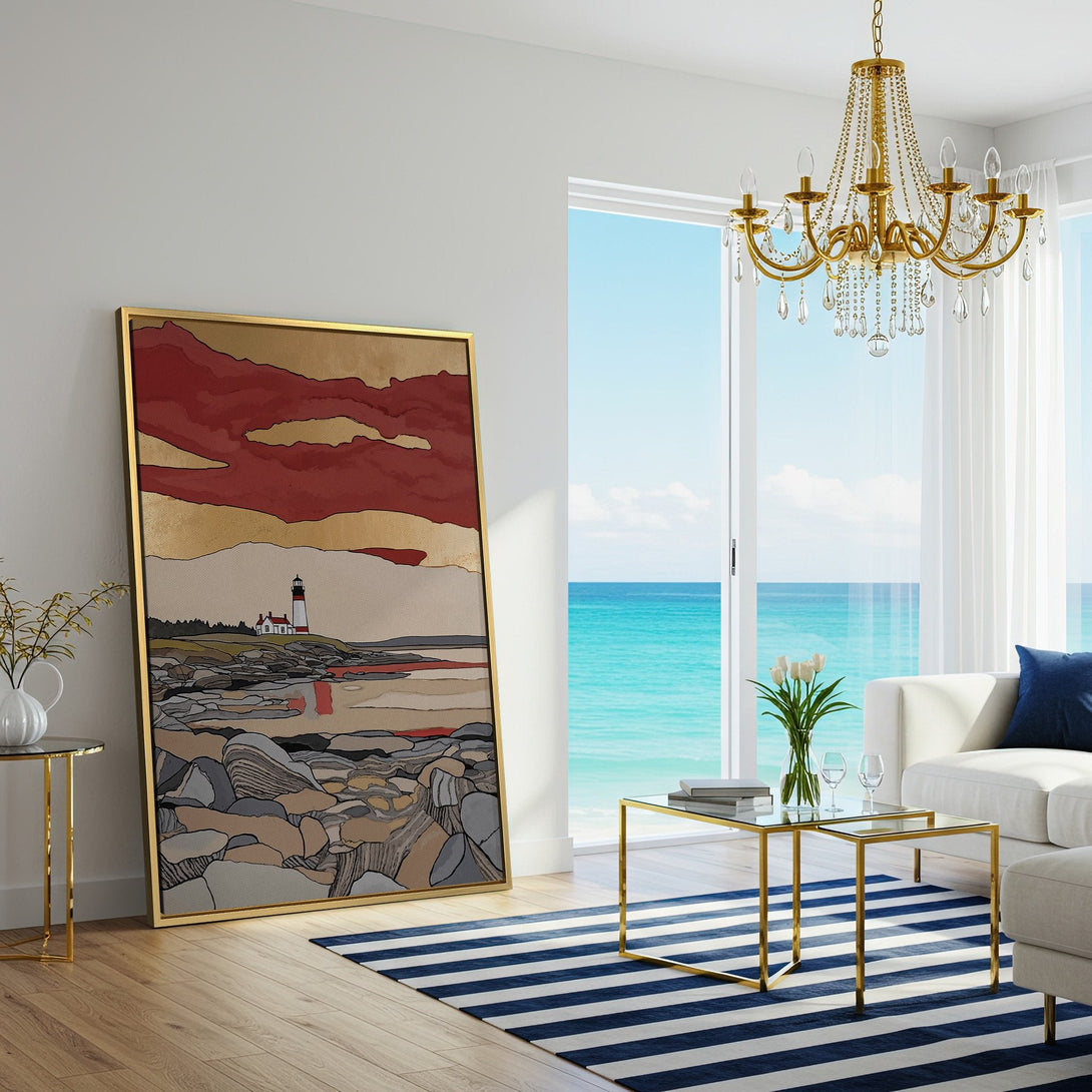 Canvas Print of a lighthouse landscape with red and gold sky. Modern art style, warm color palette, perfect for living room decor.